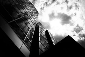 Low angle city skyscrapers – architectural perspective photography
